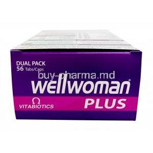 Wellwoman Plus, Omega 3,  Omega 6, Omega 9 and 22 kinds of vitamins, Vitabiotics Ltd, Box top view