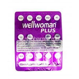 Wellwoman Plus, Omega 3,  Omega 6, Omega 9 and 22 kinds of vitamins, Vitabiotics Ltd, Blisterpack information