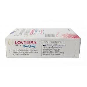 Lovegra Oral Jelly, Sildenafil 100mg, 5g X 7 sachets Oral Jelly, Ajanta Pharma, Box information, Manufacturer