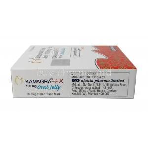 Kamagra FX Oral Jelly, Sildenafil Citrate 100mg, 5g X 7 sachets, Ajanta Pharma Limited, Box side view information