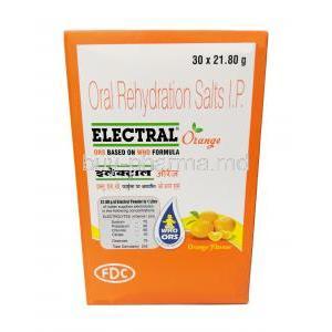 Electral Oral Rehydration Salts Powder  Orange fravour, 21.8 g per Sachet, 30sachets, FDC Ltd, Box front view
