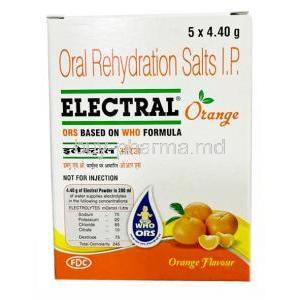 Electral Oral Rehydration Salts Powder  Orange fravour, 21.8 g per Sachet, FDC Ltd, Box