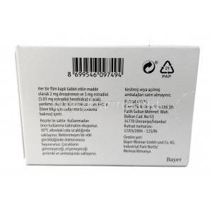 Angeliq, Estradiol 1mg,Drospirenone 2mg, Bayer Schering, Box back view information, Manufacturer