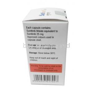 Sutinat 25, Sunitinib 25mg, 28capsules, Natco Pharma Ltd, Box information, Contents, Storage