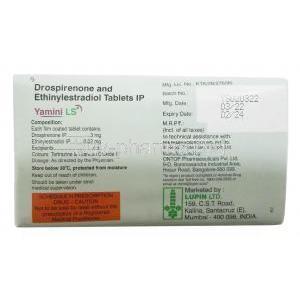 Yamini LS, Drospirenone 3 mg/ Ethinyl Estradiol 0.02mg,24tablets, Lupin, Box information