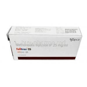 Folitrax Injection, Methotrexate 25mg per ml, 1mL ampoule, Ipca Laboratories, Box top view