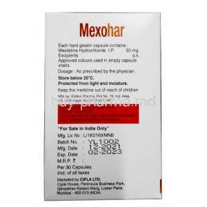 Mexohar, Mexiletine 50mg, 30 capsules, Cipla, Box information