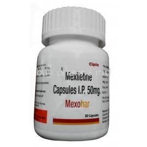 Mexohar, Mexiletine 50mg, 30 capsules, Cipla, Bottle front view