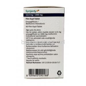 Synjardy,Empagliflozin 12.5mg/ Metformin 1000mg, 60tabs, Boehringer Ingelheim, Box information,Storage