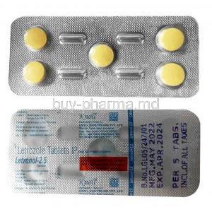 Letronol, Letrozole 2.5mg, 5tablets, Knoll Pharmaceuticals Ltd, Blisterpack front and back view
