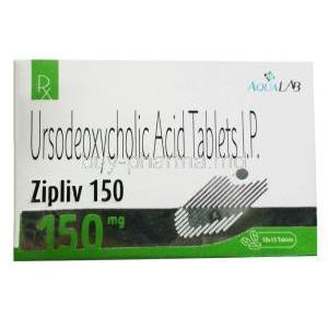 Zipliv, Ursodeoxycholic Acid  150mg, 15tablets, Aqua Lab, Box front view
