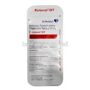 Ketorol DT, Ketorolac 10mg, Dispersible Tablet, Dr.Reddy's Lab, Blisterpack information