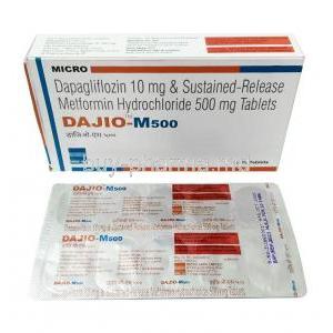 Dajio M,Dapagliflozin 10mg, Metformin 500mg, Micro Labs, Box, Blisterpack information