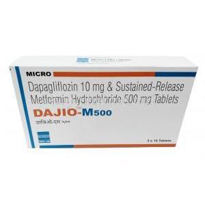 Dajio M,Dapagliflozin 10mg, Metformin 500mg, Micro Labs, Box front view