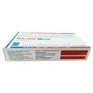 Dajio M,Dapagliflozin 10mg, Metformin 500mg, Micro Labs, Box information, storage, caution