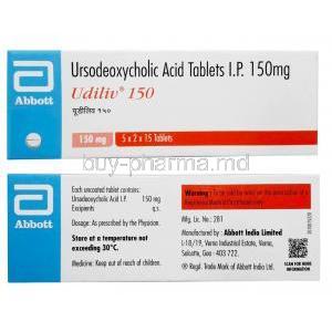 Udiliv 150, Ursodesoxycholic Acid 150mg, Abbott India, Box front view, Box back view
