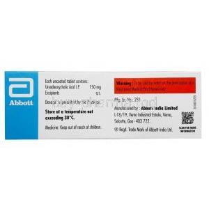 Udiliv 150, Ursodesoxycholic Acid 150mg, Abbott India, Box information