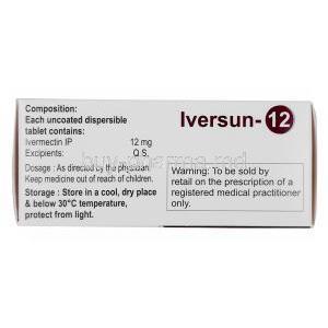 Iversun 12, Ivermectin 12mg, 10tablets, Sunrise remedies, Box information