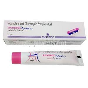 Acnesol A Nano Gel, Adapalene 1mg/ Clindamycin 10mg, Gel 15g, Systopic Laboratories, Box, Tube front view
