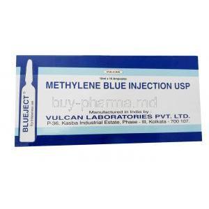 Vulcan Methylene Blue Injection, Methylene Blue 10mg, 10mL Ampoule, Vulcan Laboratories, Box front view