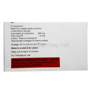 Nucarnit-F,Folic Acid 1.5 mg/Levo-carnitine 500 mg, Emcure Pharmaceuticals, Box information