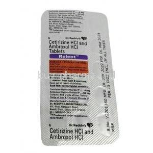 Relent, Cetirizine 5mg and Ambroxol 60mg, Dr Reddy's Laboratories, Blisterpack information