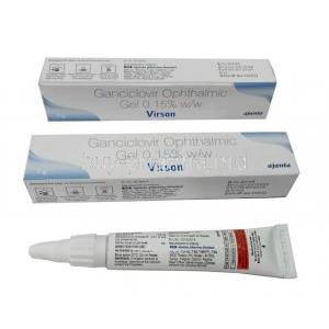 Virson Gel, Ganciclovir 0.15%, Eye Drops (Gel) 5g, Ajanta Pharma, Box, Tube information