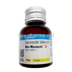 Neo-Mercazole 20, Carbimazole 20 mg, 100tablets, Abbott, bottle front view