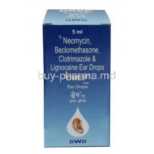 Drep Ear Drops, Ofloxacin 0.3%wv Beclomethasone 0.025%wv Clotrimazole 1%wv Lignocaine 2%wv, Ear Drops 5mL, DWD Pharma, Box front view (New package)