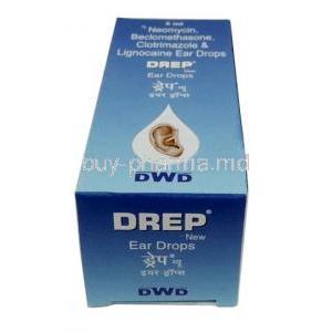 Drep Ear Drops, Ofloxacin 0.3%wv Beclomethasone 0.025%wv Clotrimazole 1%wv Lignocaine 2%wv, Ear Drops 5mL, DWD Pharma, Box bottom view (New package)