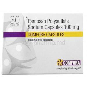 Comfora, Pentosan polysulfate sodium 100mg, 30capsules(Box), Swati Spentose Pvt Ltd, Box front view