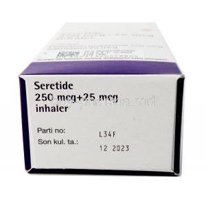 Seretide Inhaler, Salmeterol 25 mcg,  Fluticasone 250 mcg,Inhaler 120 Doses, GSK, Box bottom view