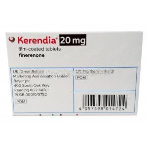 Kerendia, Finerenone 20mg, 28tabs, Bayer Zydus Pharma, Box information, Manufacturer