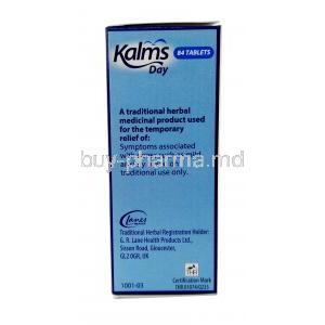 Kalms Day,Valerian Root Extract 33.75mg, G R Lanes, Box information, Manufacturer