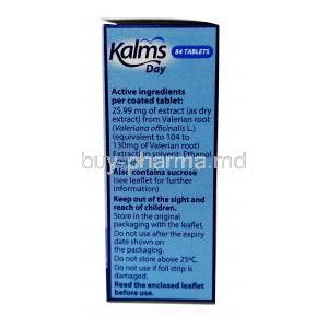 Kalms Day,Valerian Root Extract 33.75mg, G R Lanes, Box information, Ingredients, Storage