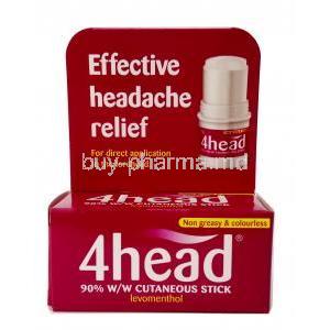4head  Headache & Migraine Relief cutaneous stick, Levomenthol 90%, Stick 3.6ｇ, Dendron, Box front view