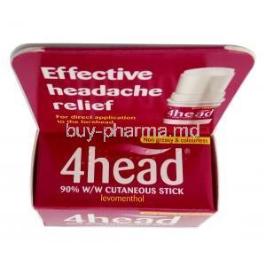 4head  Headache & Migraine Relief cutaneous stick, Levomenthol 90%, Stick 3.6ｇ, Dendron, Box top view