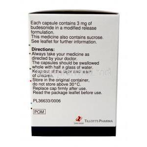 Entocort CR, Budesonide 3mg, Capsule, Tillotts Pharma, Box information,Direction