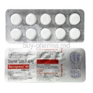 Torvigress 40 (New package), Torasemide 40mg, La Renon Healthcare, Blisterpack front and back view