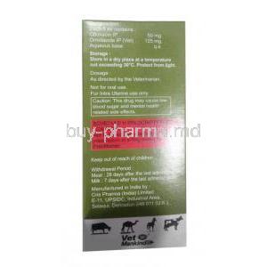 Oflokind-OZ Pet Suspension,Ofloxacin 50 mg / Ornidazole 125 mg,  Oral Suspension 60 mL, Pet Mankind, Box information, composition