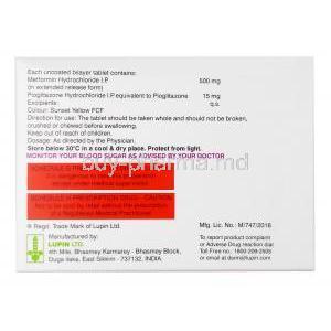 Gluconorm-P, Pioglitazone 15 mg / Metformin 500 mg, Lupin, Box information