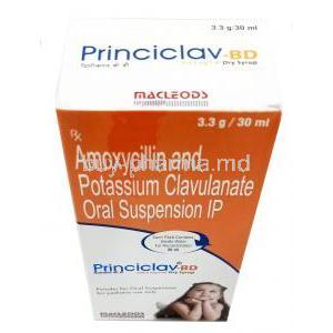 Princiclav-BD Dry Syrup,Amoxycillin 200 mg / Clavulanic Acid 28.5 mg, Dry Syrup 30mL, Macleods Pharmaceuticals Pvt Ltd, Box top view
