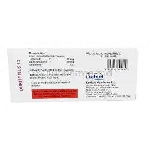 Durite Plus, Spironolactone 50 mg / Torasemide 10 mg, Tablet,Leeford healthcare, Box information
