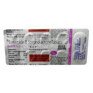 Durite Plus, Spironolactone 50 mg / Torasemide 10 mg, Tablet,Leeford healthcare,  Blisterpack information