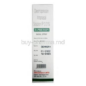Dpressin Nasal Spray, Desmopressin 10 mcg per dose, Nasal Spray 5mL(50MD), United Biotech Pvt Ltd, Box information, Mfg date, Exp date