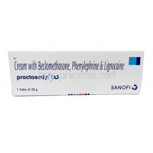 Proctosedyl BD Cream, Phenylephrine 0.10% ww / Beclometasone 0.025% ww / Lidocaine 2.50% ww, Cream 20g, Sanofi India, Box front view