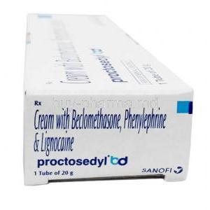 Proctosedyl BD Cream, Phenylephrine 0.10% ww / Beclometasone 0.025% ww / Lidocaine 2.50% ww, Cream 20g, Sanofi India, Box side view