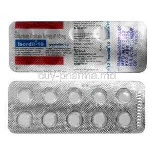 Isordil-10, Isosorbide Dinitrate 10 mg, Ipca Laboratories, Blisterpack front view, back view