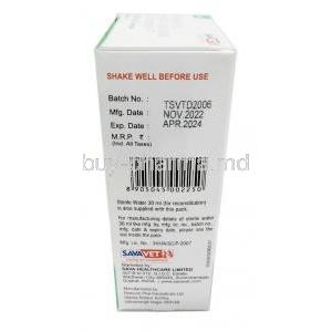 Toxo- Mox Dry Syrup, Amoxycillin 200 mg, Clavulanic Acid 28.5 mg, Dry Syrup 30mL, Sava Vet, Box information, Mfg date, Exp date