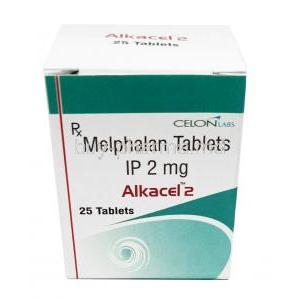 Alkacel, Melphalan 2mg, 25 Tablets, Celon Laboratories Ltd, Box front view